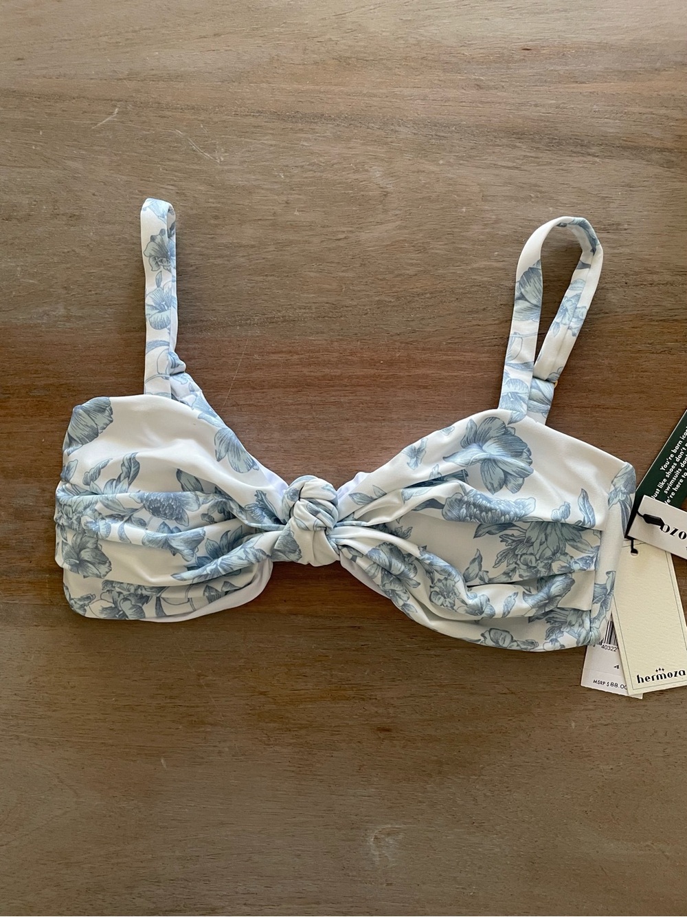 Hermoza White Bikini Top with Blue Floral Knot Front